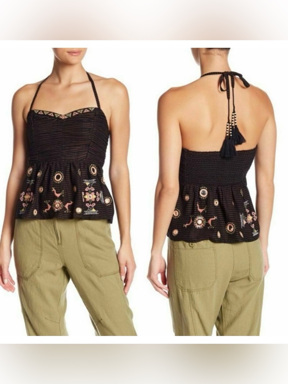 Free People Sweet Safari Black Stripe Halter Top Embroidered Size medium.